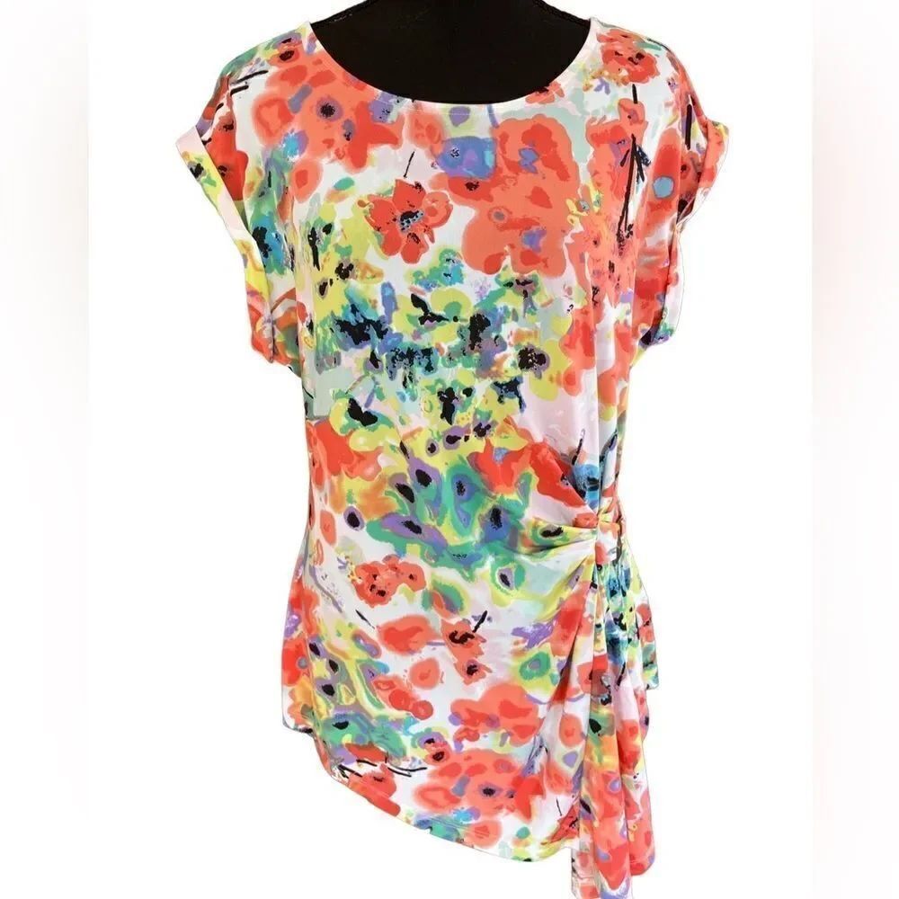 FYLO colorful asymmetrical top with shirred side and metal accent size L